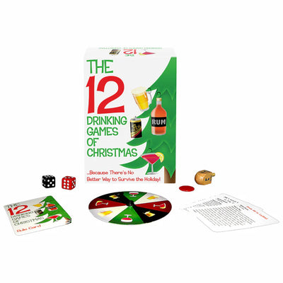 The 12 Drinking Games of Christmas set with rule cards, dice, spinner, dreidel, and game chip displayed alongside festive packaging.