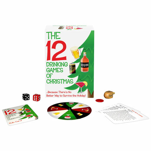 The 12 Drinking Games of Christmas set with rule cards, dice, spinner, dreidel, and game chip displayed alongside festive packaging.