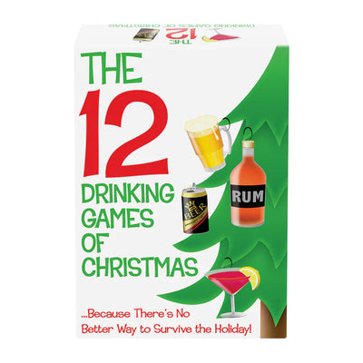 Box of The 12 Drinking Games of Christmas featuring festive drink illustrations and a green Christmas tree design.