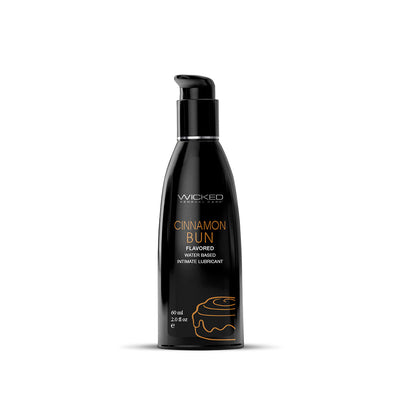 Black pump bottle of Wicked Aqua Cinnamon Bun flavored water-based intimate lubricant 2 oz with cinnamon bun illustration.
