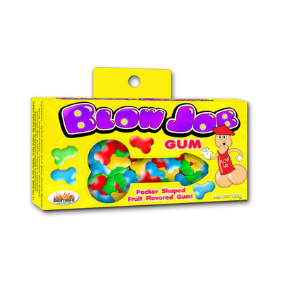 Bright yellow box of Blow Job gum with colorful fruit-flavored pieces and playful cartoon character on packaging.