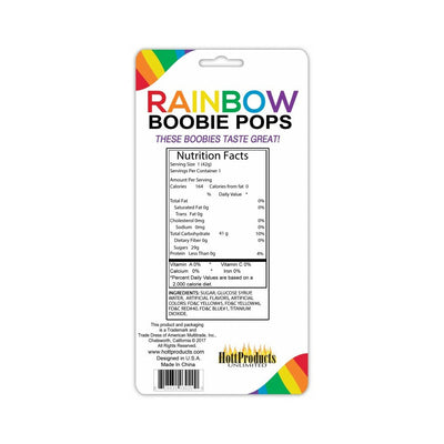 Back packaging of Rainbow Boobie Pops candy with nutrition facts and colorful rainbow design accents.