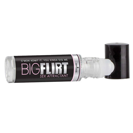 Sensuva Big Flirt pheromone sex attractant roll-on bottle with black and pink label and black cap.
