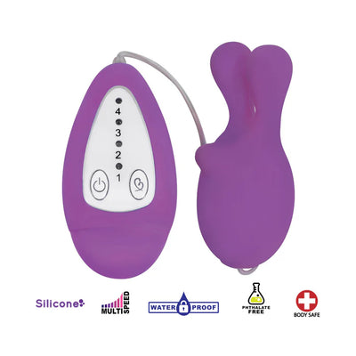 Purple silicone vibrating egg with wired remote control featuring four speed settings and waterproof, body-safe design icons.