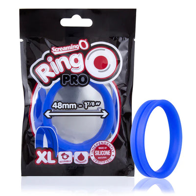 Blue Screaming O RingO Pro XL silicone ring with packaging showing size and reusable waterproof features.