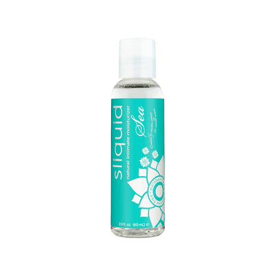 Clear 2 oz bottle of Sliquid Naturals Sea water-based intimate moisturizer with turquoise label and white floral design.