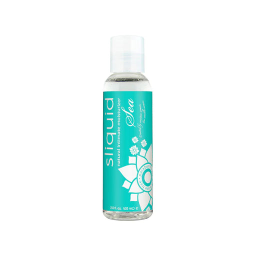 Clear 2 oz bottle of Sliquid Naturals Sea water-based intimate moisturizer with turquoise label and white floral design.