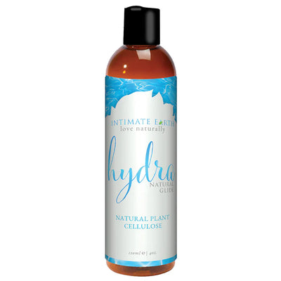 Bottle of Intimate Earth Hydra natural water-based lubricant with plant cellulose, 4 fl oz size and blue label design.