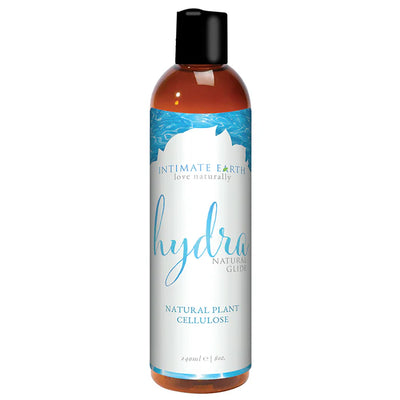 Bottle of Intimate Earth Hydra natural plant cellulose water-based lubricant with blue and white label.