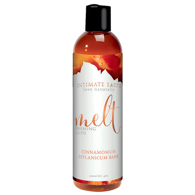 Bottle of Intimate Earth Melt Warming Glide with natural cinnamon bark extract, 120ml size, for a smooth warming sensation.