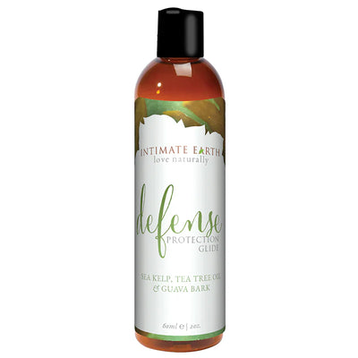 Bottle of Intimate Earth Defense Protection Glide lubricant with sea kelp, tea tree oil, and guava bark, 60ml size.