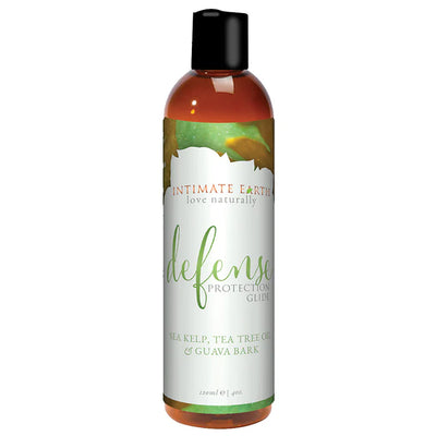 Bottle of Intimate Earth Defense Protection Glide lubricant with sea kelp, tea tree oil, and guava bark extract.
