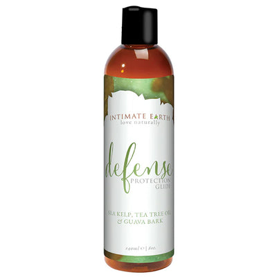 Bottle of Intimate Earth Defense Protection Glide lubricant with sea kelp, tea tree oil, and guava bark extract.