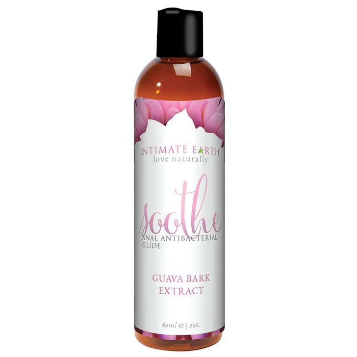 Bottle of Intimate Earth Soothe Anal Anti-Bacterial Glide with guava bark extract, featuring a pink floral label design.