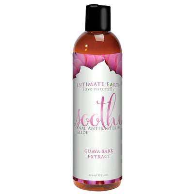 Bottle of Intimate Earth Soothe Anal Anti-Bacterial Glide with guava bark extract and floral label design.