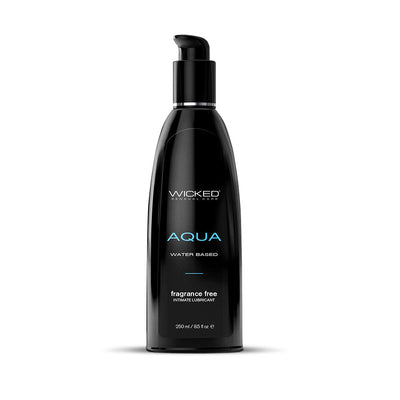 Black pump bottle of Wicked Aqua fragrance-free water-based intimate lubricant, 250 ml size.