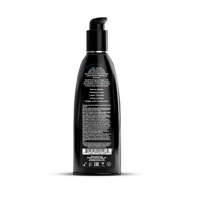 Back view of Wicked Aqua Lubricant black pump bottle showing product details and ingredients label.