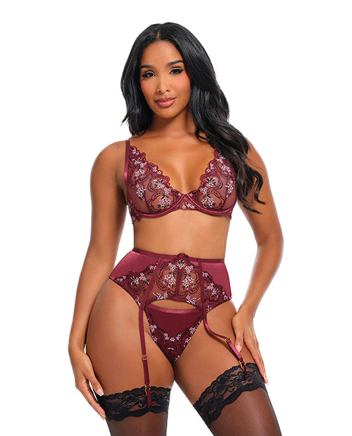 Eloise Floral Embroidered Unlined Underwire 3 pc Set - Burgundy SM