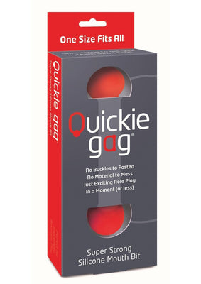 Packaging of Quickie Bit Gag featuring a super strong red silicone mouth bit with no buckles, designed for easy and exciting role play.