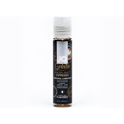 Bottle of Jo Gelato Hazelnut Espresso flavored water-based personal lubricant 1 fl oz with black label and coffee design.