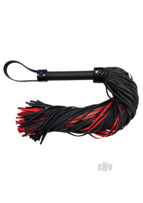 Leather flogger with burgundy and black strands and a black handle with wrist loop accessory