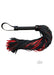 Leather flogger with burgundy and black strands and a black handle with wrist loop accessory