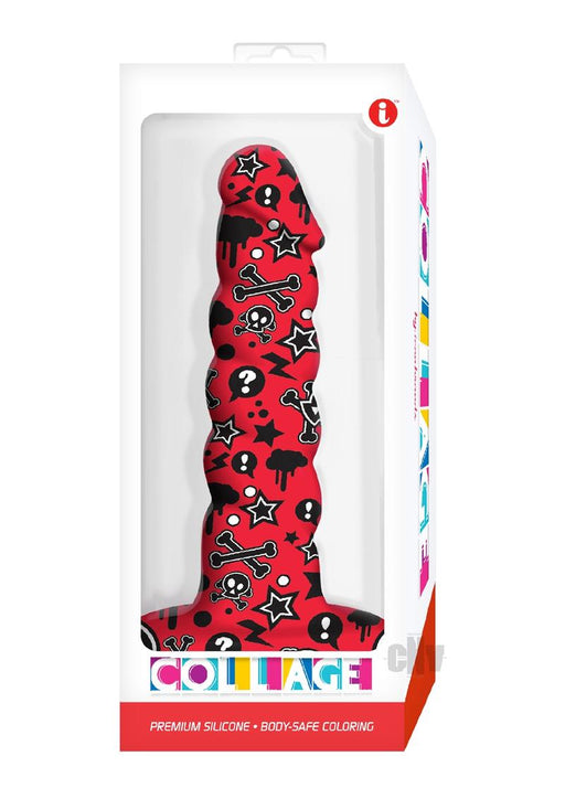 Red twisted silicone dildo with black and white goth-inspired tattoo designs in clear packaging labeled Collage.