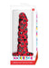 Red twisted silicone dildo with black and white goth-inspired tattoo designs in clear packaging labeled Collage.