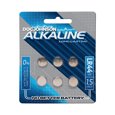 Pack of six Doc Johnson LR44 1.5 volt alkaline button cell batteries in blue and gray packaging.