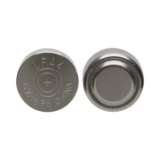 Close-up of two silver LR44 alkaline button cell batteries showing positive and flat sides.