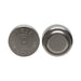 Close-up of two silver LR44 alkaline button cell batteries showing positive and flat sides.