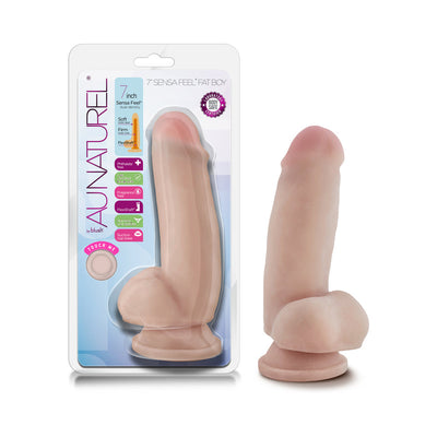 Beige 7-inch realistic dildo with suction cup base displayed next to its Au Naturel branded packaging.