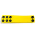 Yellow silicone ball stretcher strap with multiple black snap fasteners for adjustable sizing.
