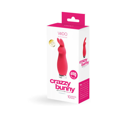 VeDO Crazzy Bunny rechargeable mini vibe in pink with 10 vibration modes shown in retail packaging.