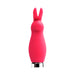 Pink bunny-shaped mini vibrator with smooth silicone body and silver base on white background