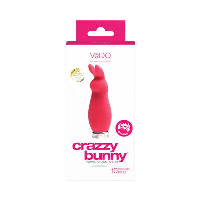 VeDO Crazzy Bunny rechargeable mini vibe in pink with 10 vibration modes shown in retail packaging.