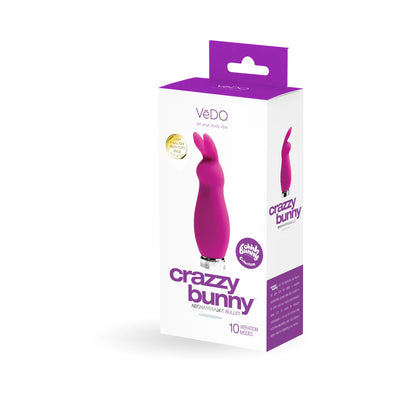 VeDO Crazzy Bunny rechargeable mini vibe in purple with 10 vibration modes shown in product packaging.