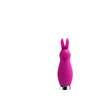 Compact pink bunny-shaped mini vibrator with smooth silicone body and silver base on white background.