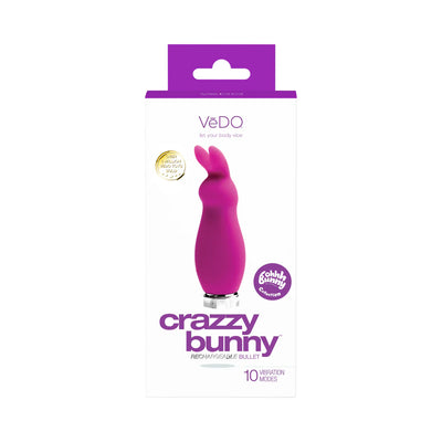Packaging of VeDO Crazzy Bunny rechargeable mini vibe in purple with bunny-shaped design and 10 vibration modes.