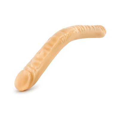 Beige flexible double-ended dildo with textured surface and pronounced heads on both ends.
