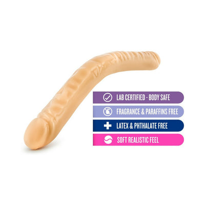 Beige double-ended dildo with realistic texture and flexible design, labeled as lab certified, fragrance free, latex and phthalate free.