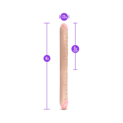 Beige double-ended dildo with measurements showing 18 inches total length and 9 inches insertable on each side.