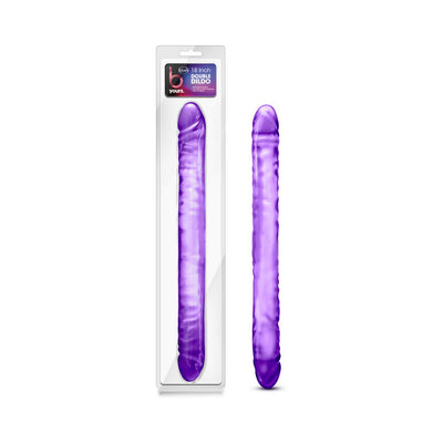Purple translucent double-ended dildo shown in and out of clear packaging.