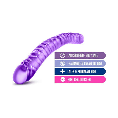 Purple textured flexible dildo with product benefits including body safe, fragrance free, latex and phthalate free, and soft realistic feel.
