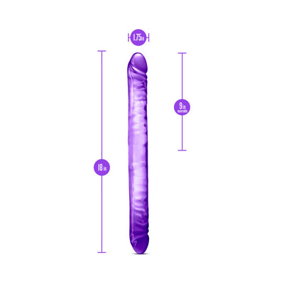 Purple double-ended dildo with measurements showing 18 inches total length and 9 inches insertable on each side.