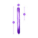 Purple double-ended dildo with measurements showing 18 inches total length and 9 inches insertable on each side.