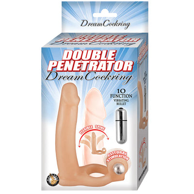 Packaging of Double Penetrator Dream Cockring in flesh tone with 10-function vibrating bullet and flexible spine features.