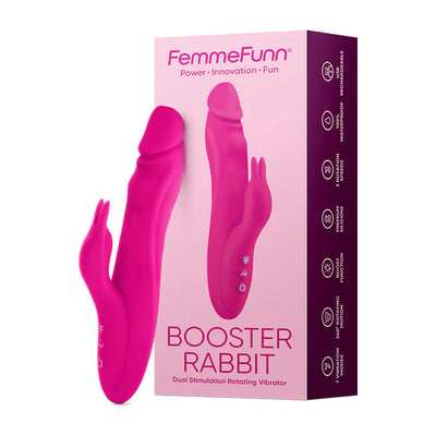 Pink Femmefunn Booster Rabbit Vibrator with dual stimulation and rotating feature next to its packaging box.