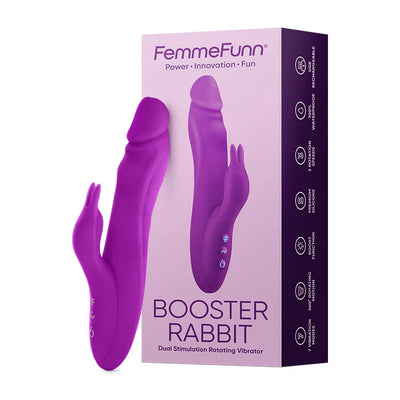 Purple Femmefunn Booster Rabbit dual stimulation rotating vibrator with packaging box on white background.