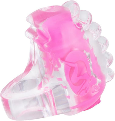 Pink and clear textured fingertip mini vibrator with stretchy strap for secure placement and targeted stimulation.